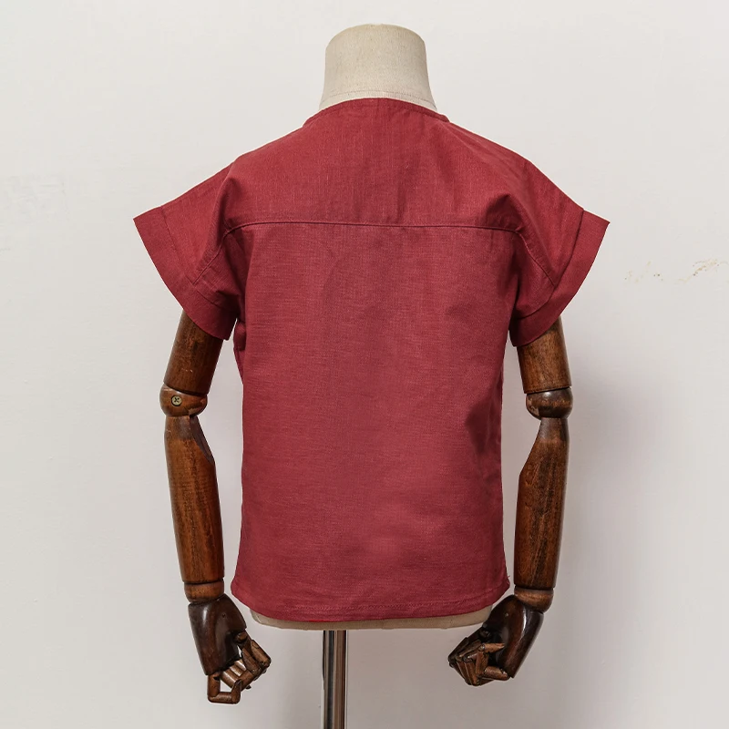 Boys Cotton And Linen Striped Casual T-Shirt 2026 Summer New Children's Round Neck Buttons Short-Sleeved Linen Tops TZ417