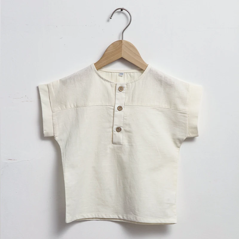 Boys Cotton And Linen Striped Casual T-Shirt 2026 Summer New Children's Round Neck Buttons Short-Sleeved Linen Tops TZ417