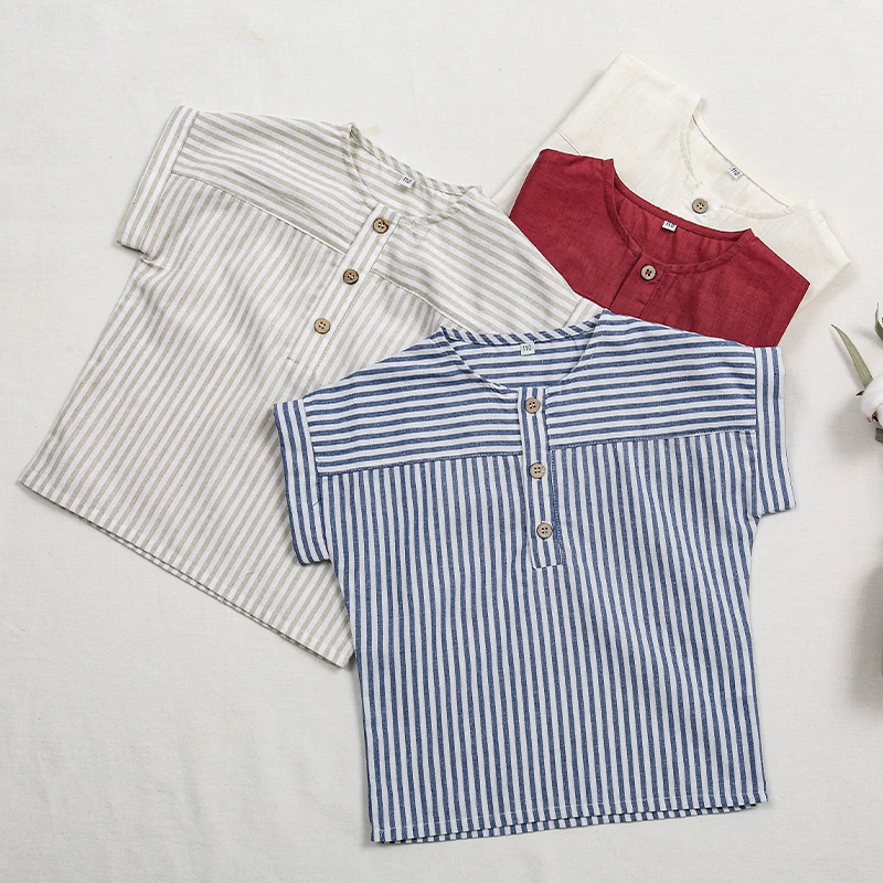 Boys Cotton And Linen Striped Casual T-Shirt 2026 Summer New Children's Round Neck Buttons Short-Sleeved Linen Tops TZ417
