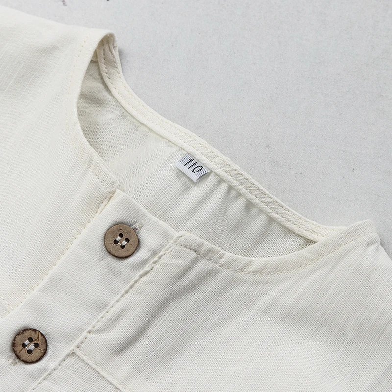 Boys Cotton And Linen Striped Casual T-Shirt 2026 Summer New Children's Round Neck Buttons Short-Sleeved Linen Tops TZ417