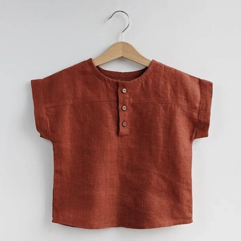 Boys Cotton And Linen Striped Casual T-Shirt 2026 Summer New Children's Round Neck Buttons Short-Sleeved Linen Tops TZ417