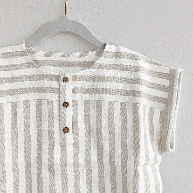 Boys Cotton And Linen Striped Casual T-Shirt 2026 Summer New Children's Round Neck Buttons Short-Sleeved Linen Tops TZ417