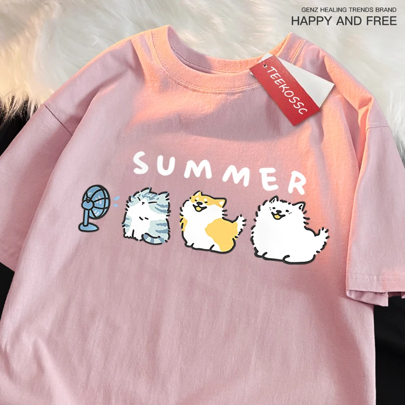 Cats And Dogs Blowing Fans Print T Shirts Men Women Cute Crewneck Clothes Loose Summer T-Shirts Fashion Cotton Short Sleeve