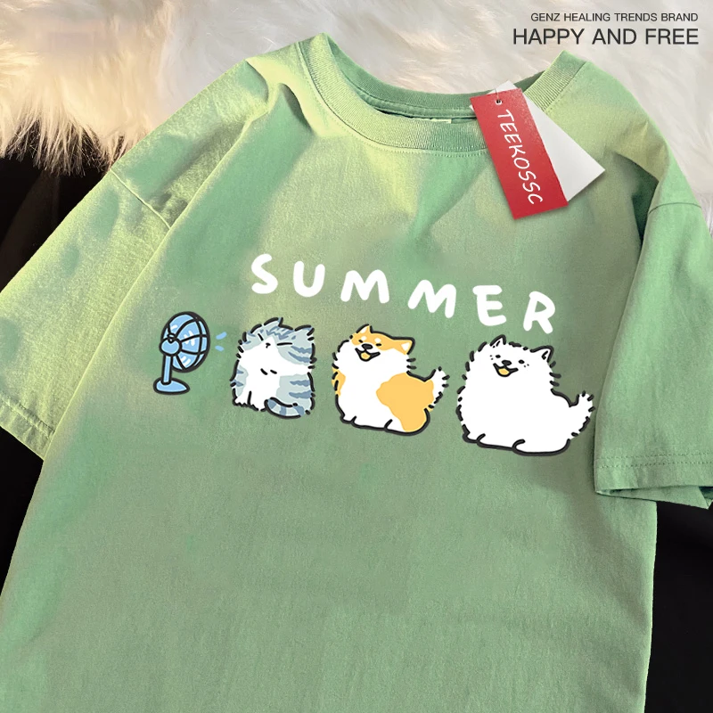 Cats And Dogs Blowing Fans Print T Shirts Men Women Cute Crewneck Clothes Loose Summer T-Shirts Fashion Cotton Short Sleeve