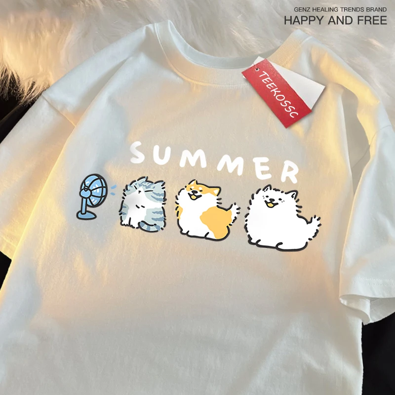 Cats And Dogs Blowing Fans Print T Shirts Men Women Cute Crewneck Clothes Loose Summer T-Shirts Fashion Cotton Short Sleeve