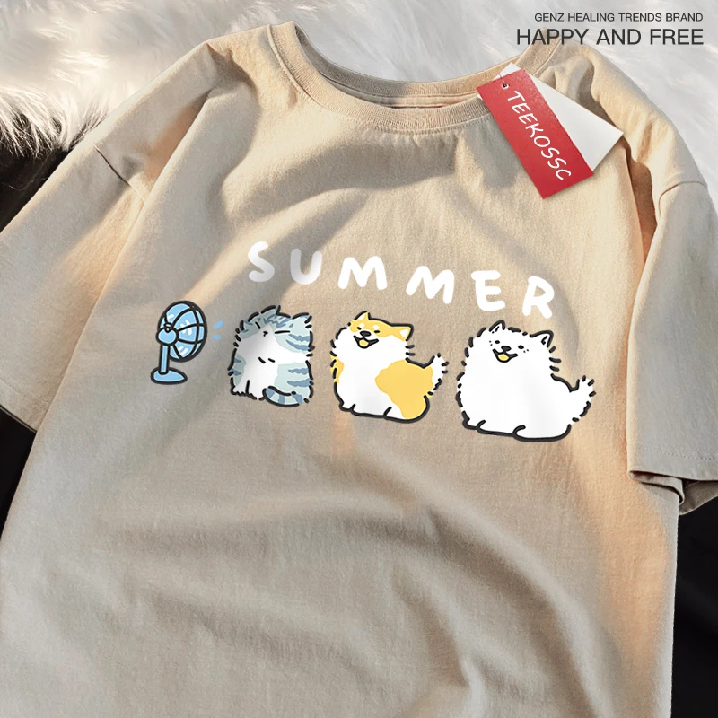Cats And Dogs Blowing Fans Print T Shirts Men Women Cute Crewneck Clothes Loose Summer T-Shirts Fashion Cotton Short Sleeve