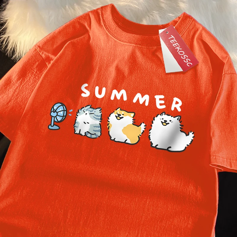 Cats And Dogs Blowing Fans Print T Shirts Men Women Cute Crewneck Clothes Loose Summer T-Shirts Fashion Cotton Short Sleeve