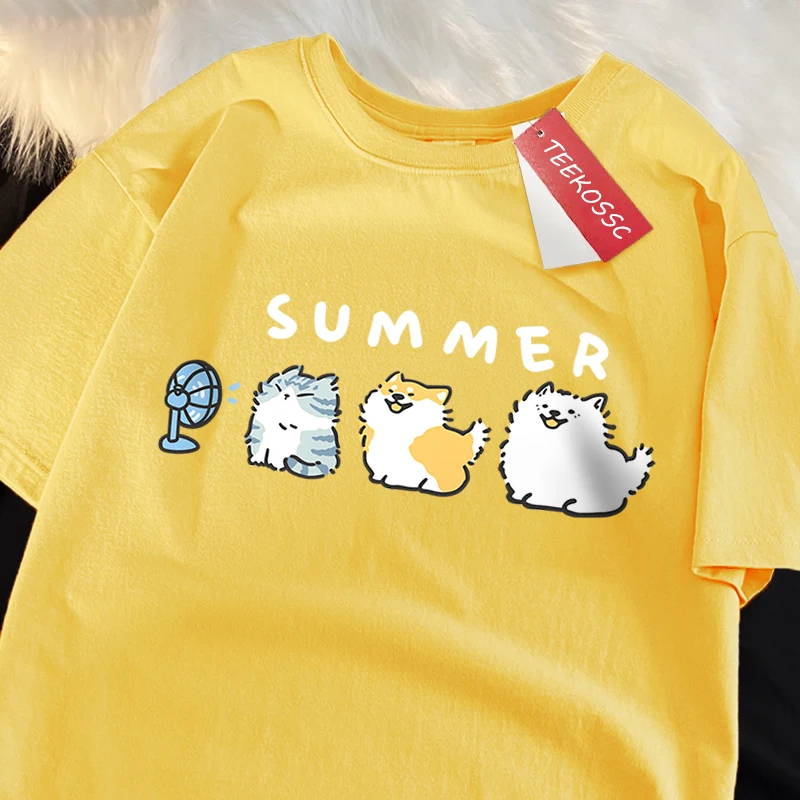Cats And Dogs Blowing Fans Print T Shirts Men Women Cute Crewneck Clothes Loose Summer T-Shirts Fashion Cotton Short Sleeve