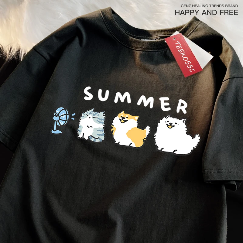Cats And Dogs Blowing Fans Print T Shirts Men Women Cute Crewneck Clothes Loose Summer T-Shirts Fashion Cotton Short Sleeve