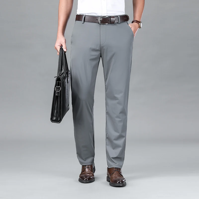 Ice Silk Business Casual Pants Men's Spring/Summer Elastic Pants Comfortable and Breathable Long Straight Leg Casual Pants