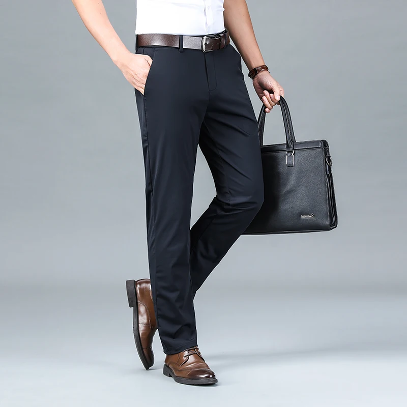 Ice Silk Business Casual Pants Men's Spring/Summer Elastic Pants Comfortable and Breathable Long Straight Leg Casual Pants