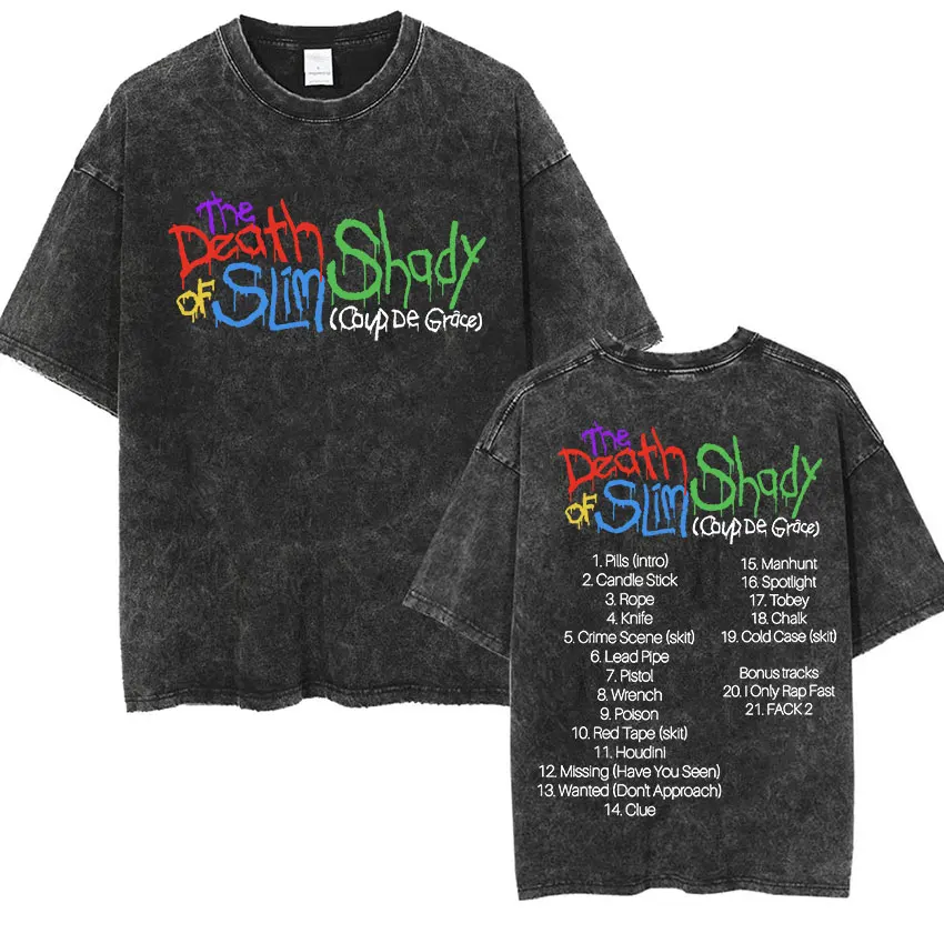 90s Rapper Eminem World Tour Music Graphic T Shirts Men's Cool Hip Hop Vintage Washed Oversized T-shirt Unisex Gothic Streetwear