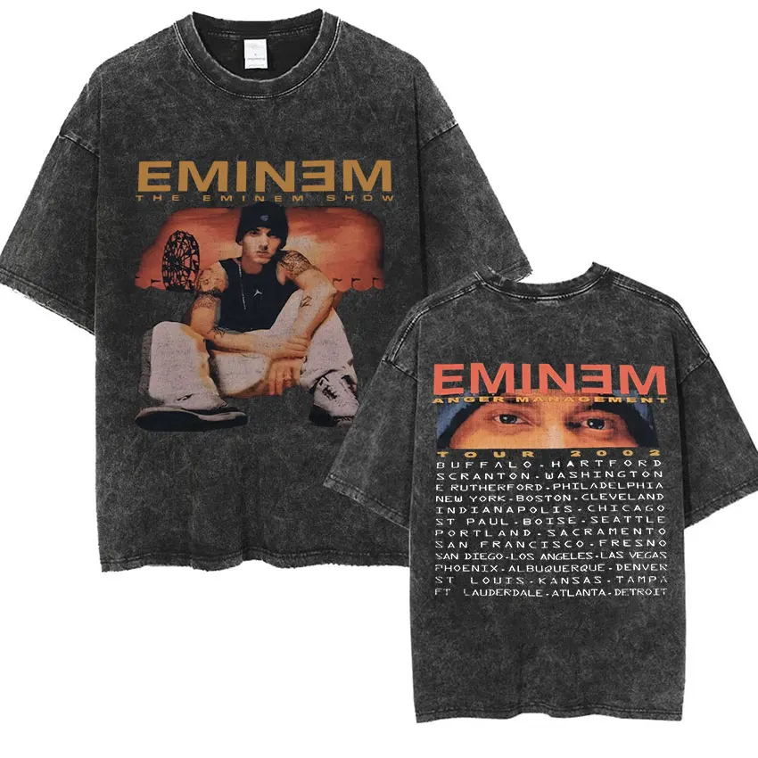90s Rapper Eminem World Tour Music Graphic T Shirts Men's Cool Hip Hop Vintage Washed Oversized T-shirt Unisex Gothic Streetwear