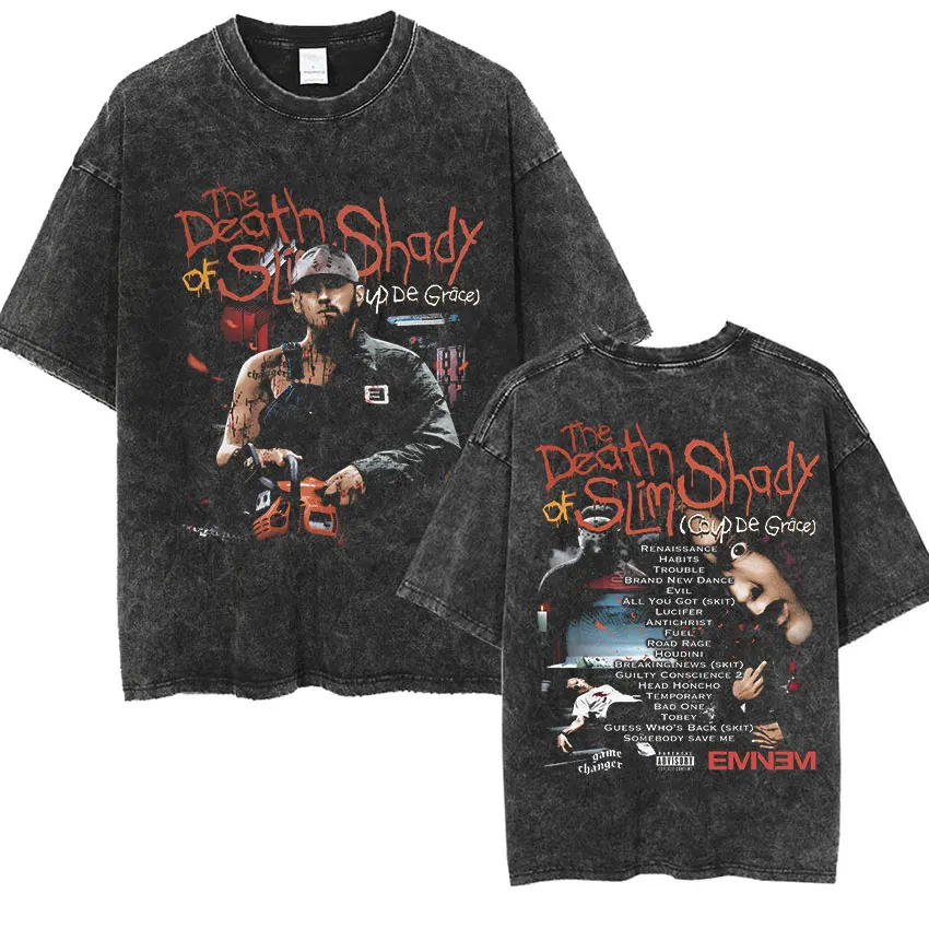 90s Rapper Eminem World Tour Music Graphic T Shirts Men's Cool Hip Hop Vintage Washed Oversized T-shirt Unisex Gothic Streetwear