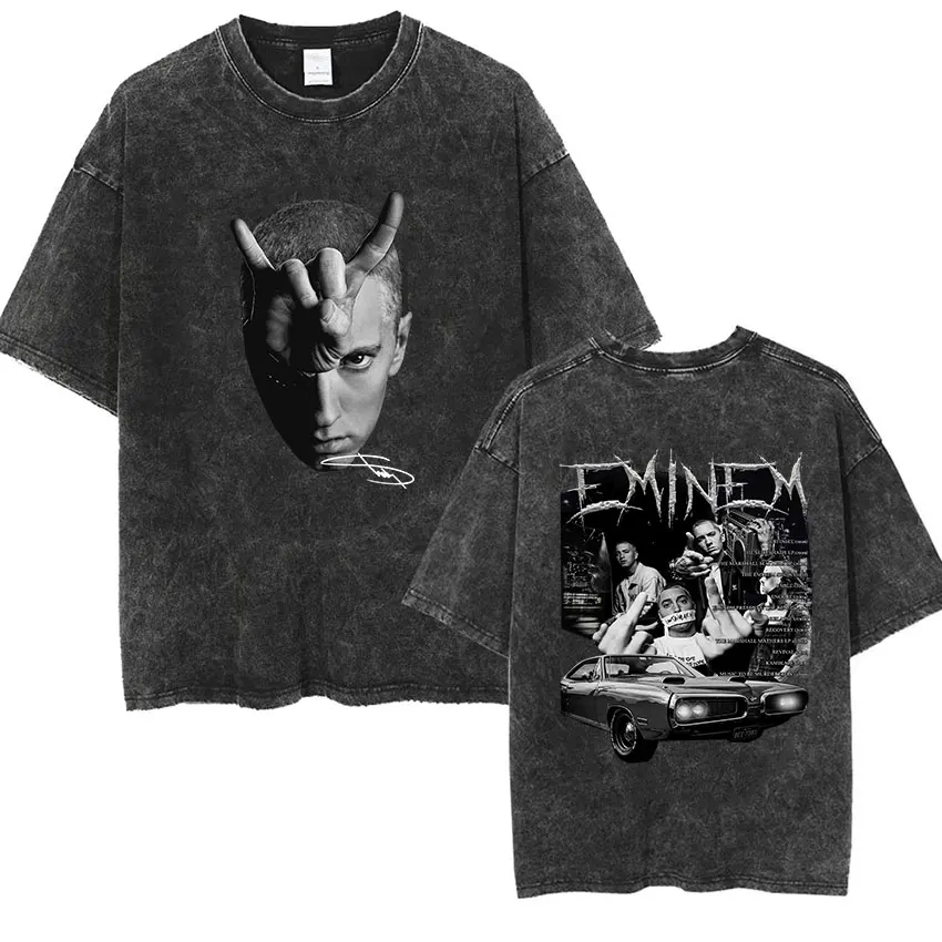 90s Rapper Eminem World Tour Music Graphic T Shirts Men's Cool Hip Hop Vintage Washed Oversized T-shirt Unisex Gothic Streetwear