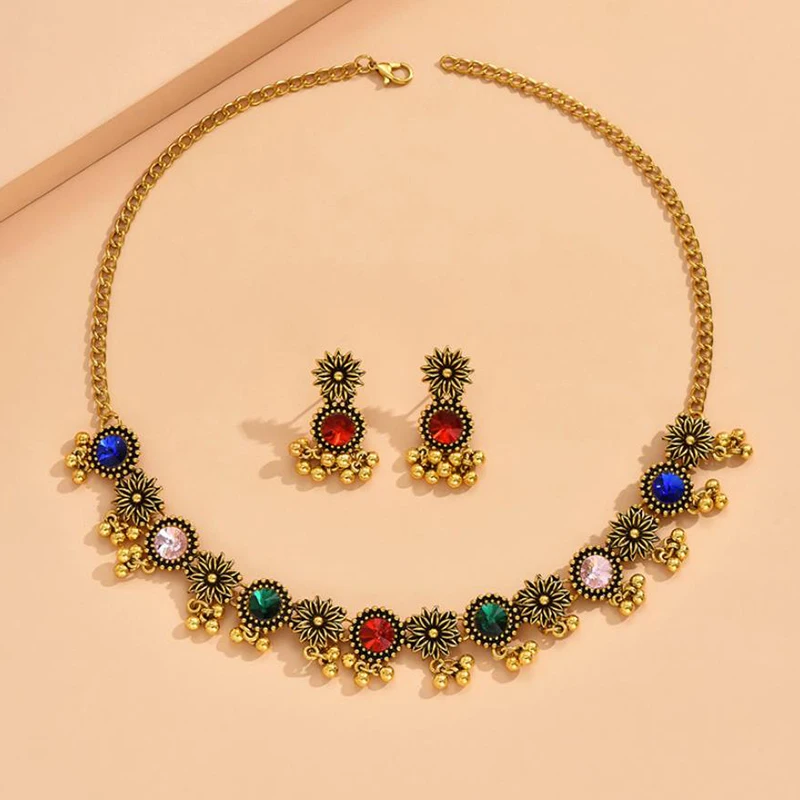 Women Bohemain Rhinestone Jewelry Set Fashion Crystal Beaded Drop Earrings Necklaces Female Vintage Party Wedding Accessories
