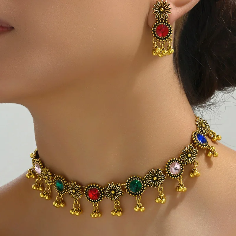 Women Bohemain Rhinestone Jewelry Set Fashion Crystal Beaded Drop Earrings Necklaces Female Vintage Party Wedding Accessories