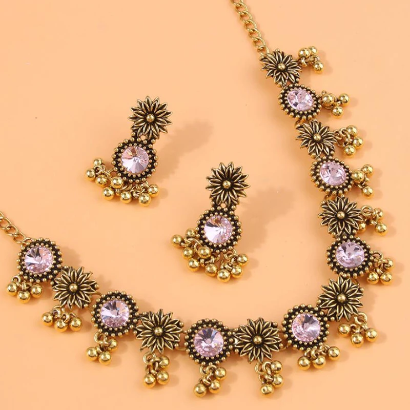 Women Bohemain Rhinestone Jewelry Set Fashion Crystal Beaded Drop Earrings Necklaces Female Vintage Party Wedding Accessories
