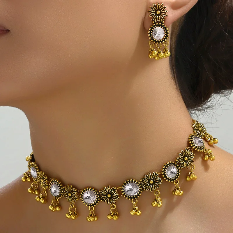 Women Bohemain Rhinestone Jewelry Set Fashion Crystal Beaded Drop Earrings Necklaces Female Vintage Party Wedding Accessories