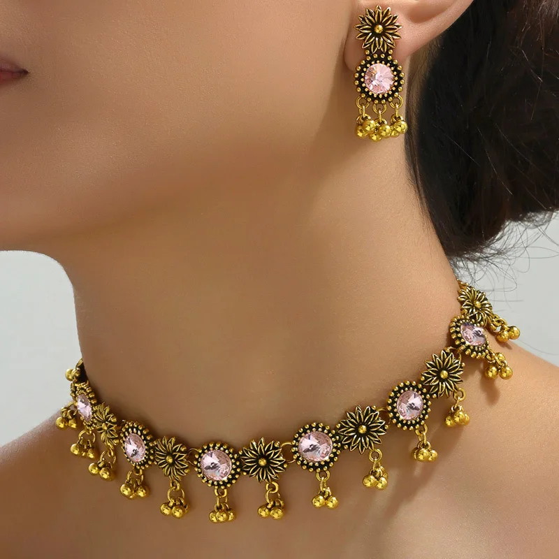 Women Bohemain Rhinestone Jewelry Set Fashion Crystal Beaded Drop Earrings Necklaces Female Vintage Party Wedding Accessories