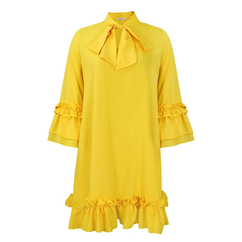 Elegant Office Ladies Dresses Bow Collar Flare Sleeve Ruffles Knee Length Fashion Female Business Work Wear Vestidos Mujer Dress