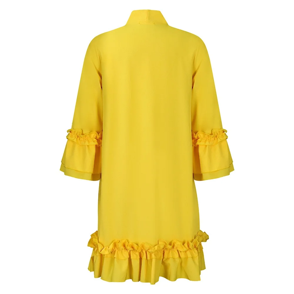 Elegant Office Ladies Dresses Bow Collar Flare Sleeve Ruffles Knee Length Fashion Female Business Work Wear Vestidos Mujer Dress