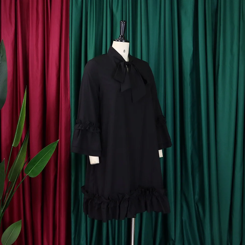 Elegant Office Ladies Dresses Bow Collar Flare Sleeve Ruffles Knee Length Fashion Female Business Work Wear Vestidos Mujer Dress