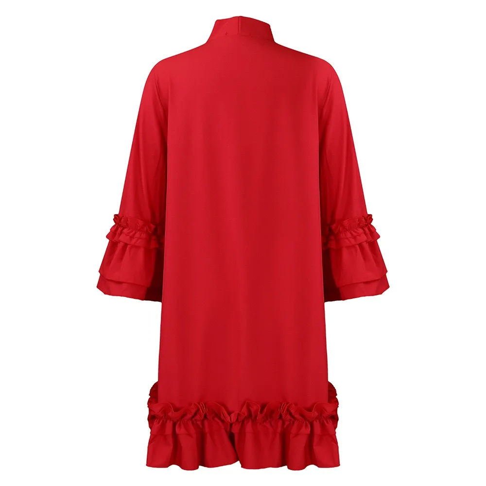 Elegant Office Ladies Dresses Bow Collar Flare Sleeve Ruffles Knee Length Fashion Female Business Work Wear Vestidos Mujer Dress