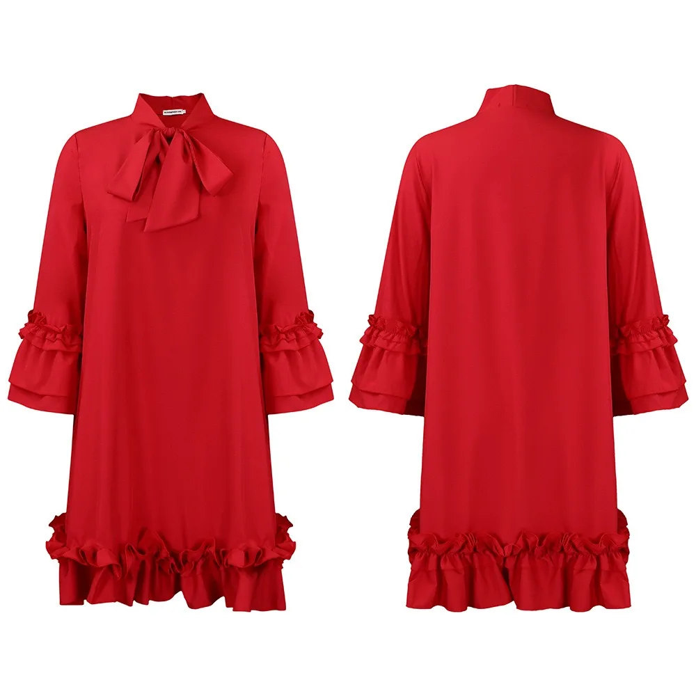 Elegant Office Ladies Dresses Bow Collar Flare Sleeve Ruffles Knee Length Fashion Female Business Work Wear Vestidos Mujer Dress