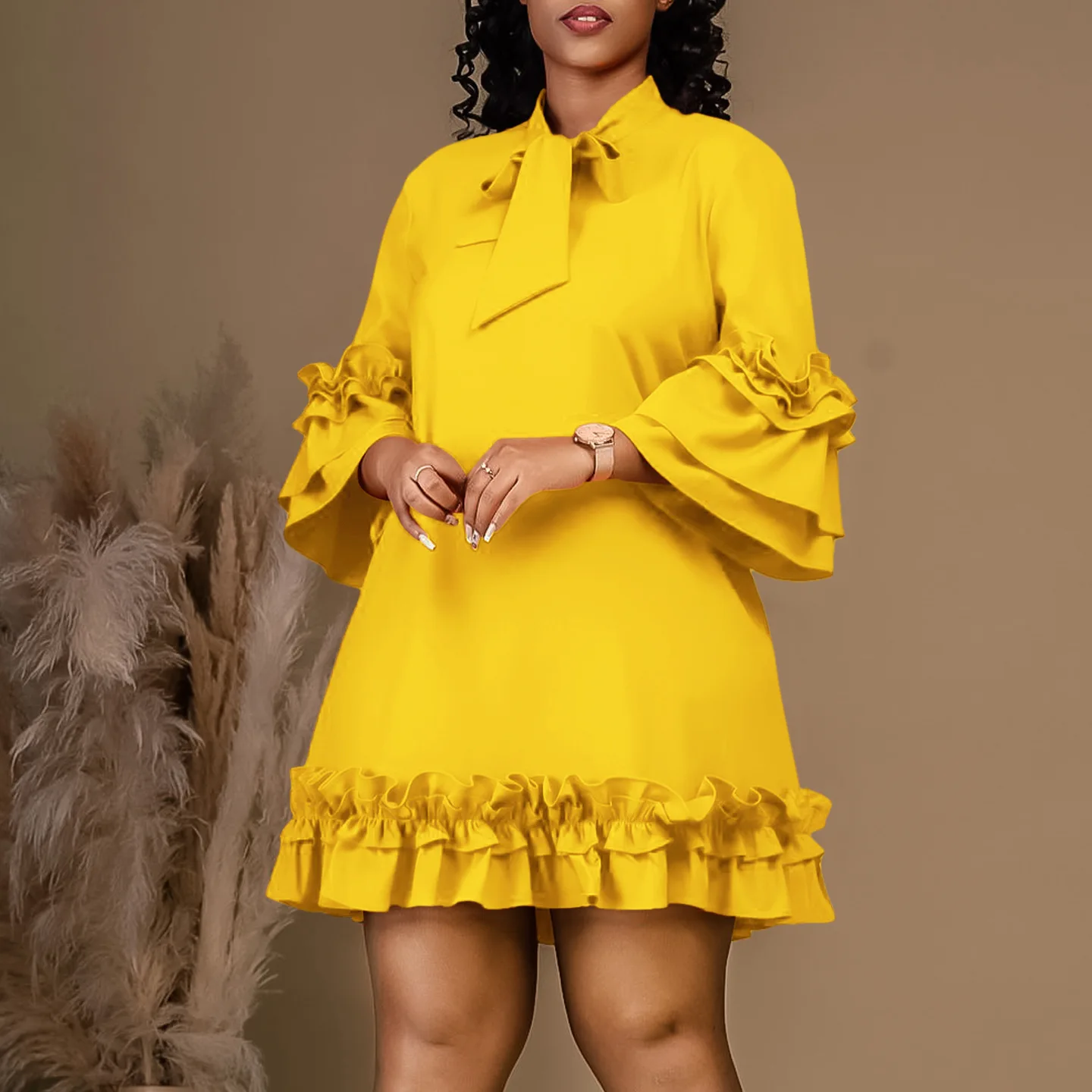 Elegant Office Ladies Dresses Bow Collar Flare Sleeve Ruffles Knee Length Fashion Female Business Work Wear Vestidos Mujer Dress