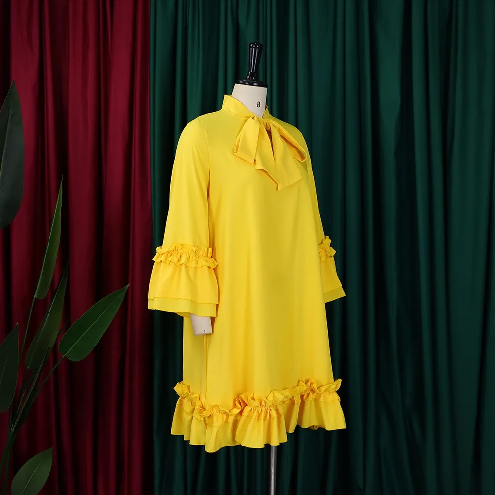 Elegant Office Ladies Dresses Bow Collar Flare Sleeve Ruffles Knee Length Fashion Female Business Work Wear Vestidos Mujer Dress