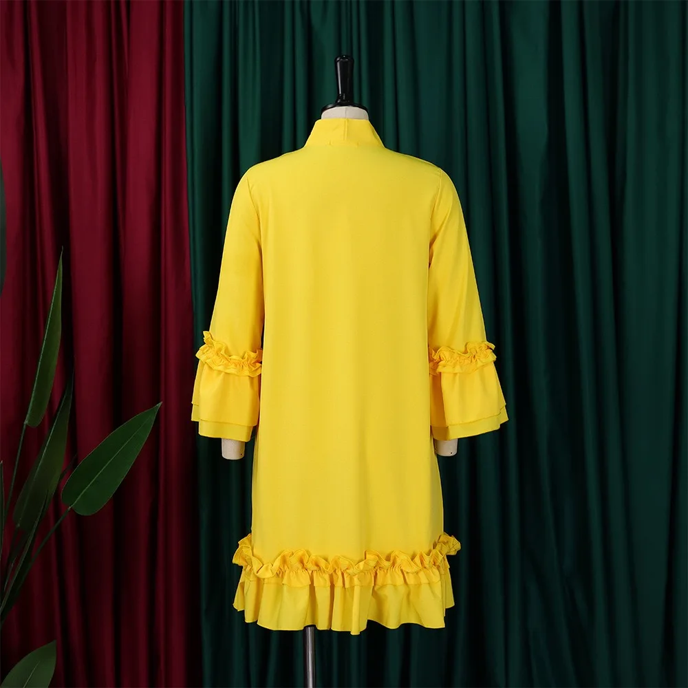 Elegant Office Ladies Dresses Bow Collar Flare Sleeve Ruffles Knee Length Fashion Female Business Work Wear Vestidos Mujer Dress