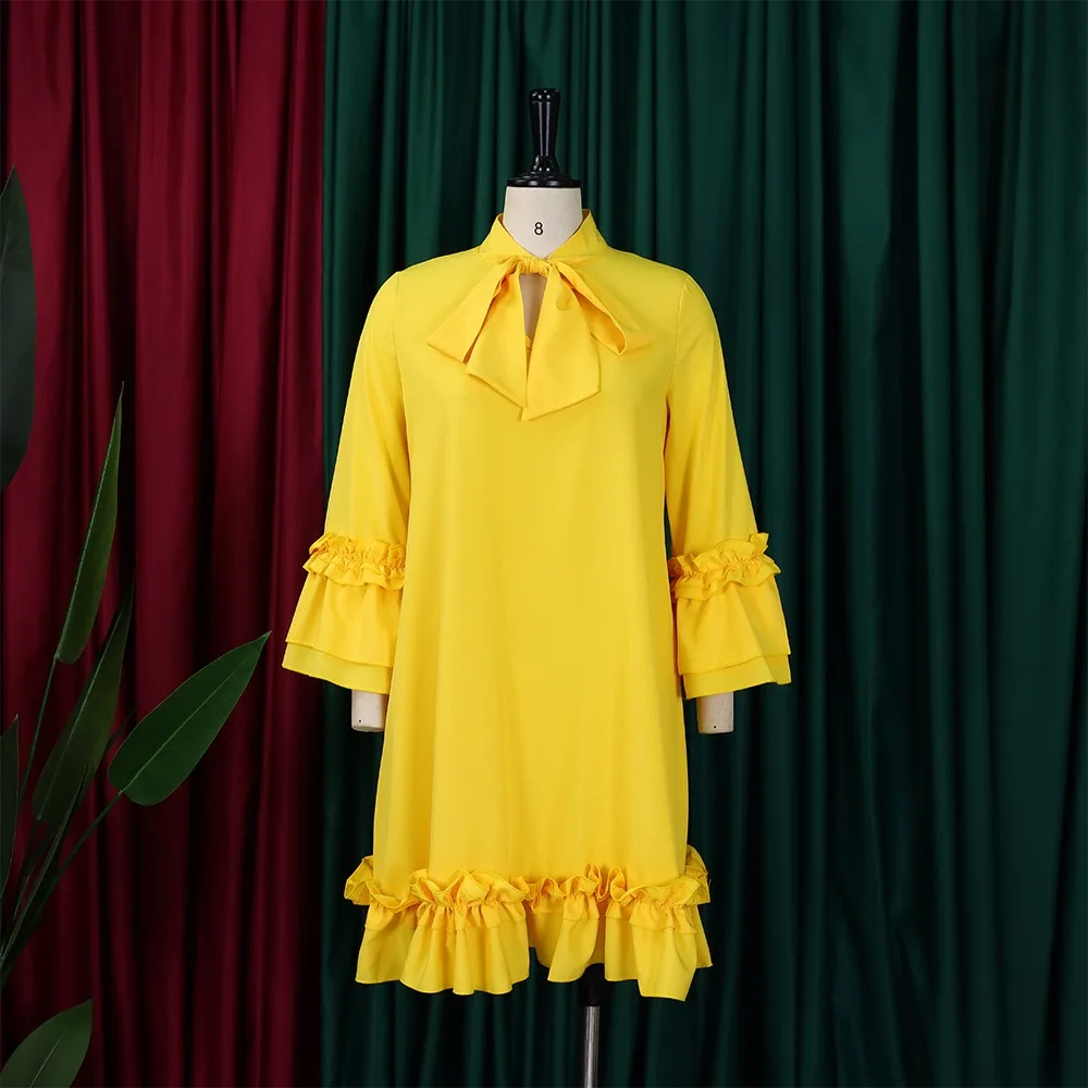 Elegant Office Ladies Dresses Bow Collar Flare Sleeve Ruffles Knee Length Fashion Female Business Work Wear Vestidos Mujer Dress