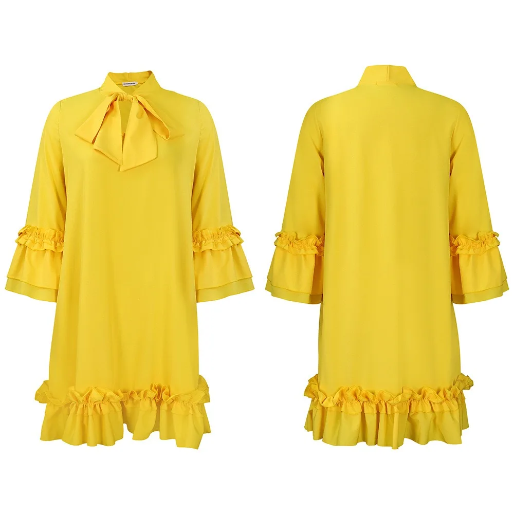 Elegant Office Ladies Dresses Bow Collar Flare Sleeve Ruffles Knee Length Fashion Female Business Work Wear Vestidos Mujer Dress