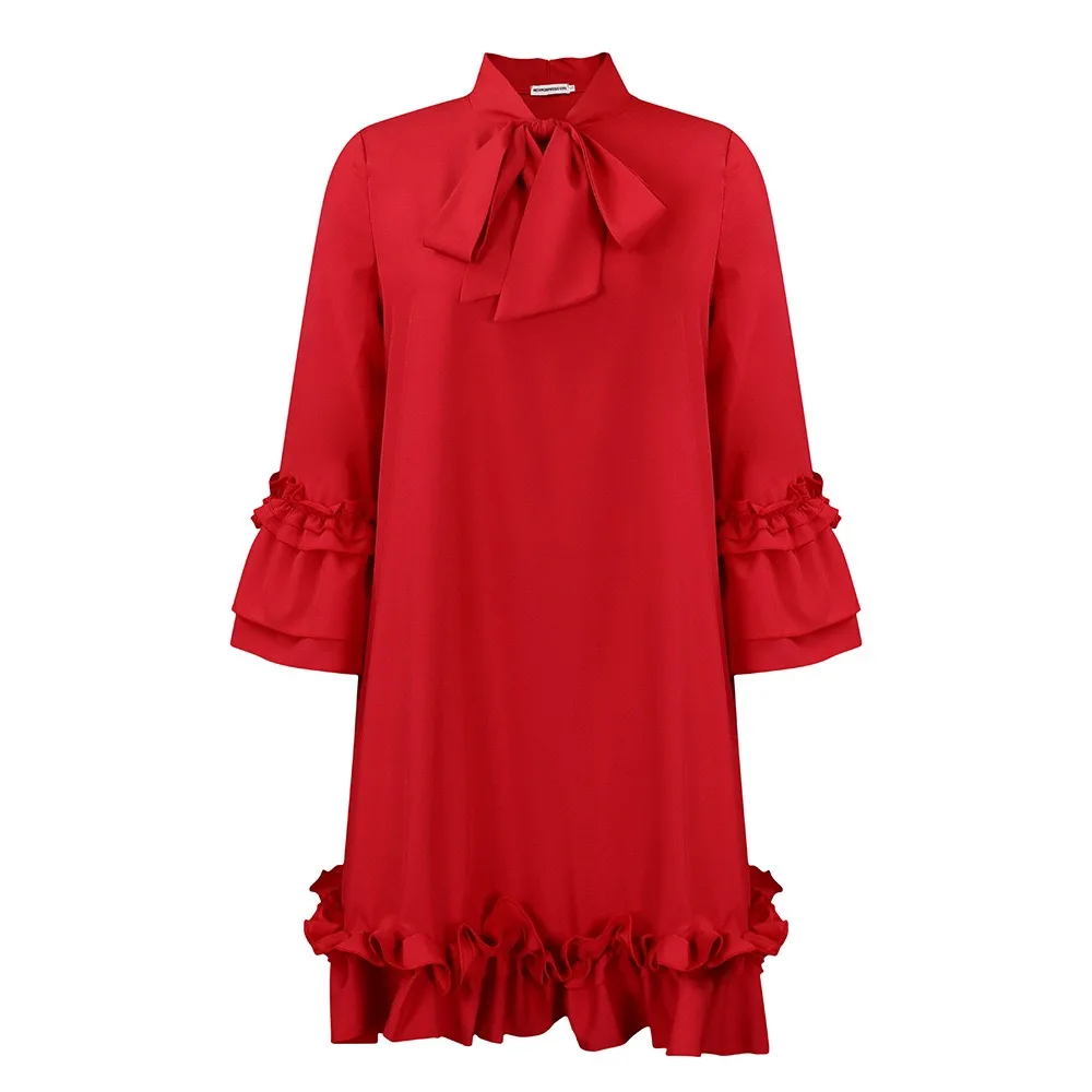 Elegant Office Ladies Dresses Bow Collar Flare Sleeve Ruffles Knee Length Fashion Female Business Work Wear Vestidos Mujer Dress