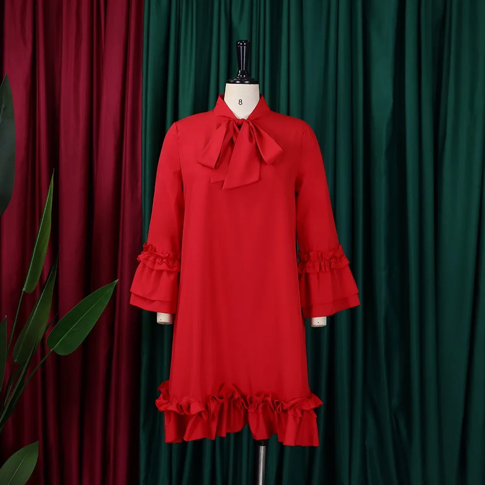 Elegant Office Ladies Dresses Bow Collar Flare Sleeve Ruffles Knee Length Fashion Female Business Work Wear Vestidos Mujer Dress