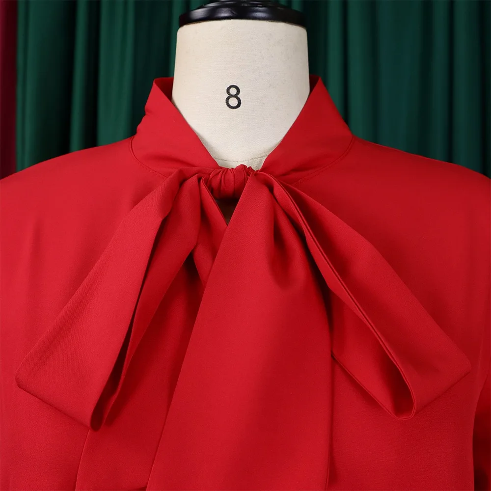 Elegant Office Ladies Dresses Bow Collar Flare Sleeve Ruffles Knee Length Fashion Female Business Work Wear Vestidos Mujer Dress
