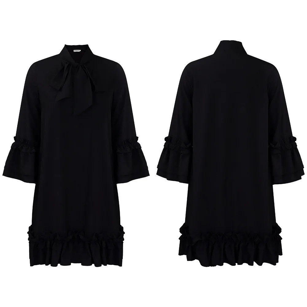 Elegant Office Ladies Dresses Bow Collar Flare Sleeve Ruffles Knee Length Fashion Female Business Work Wear Vestidos Mujer Dress