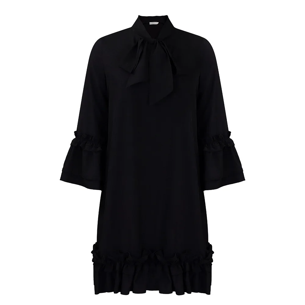 Elegant Office Ladies Dresses Bow Collar Flare Sleeve Ruffles Knee Length Fashion Female Business Work Wear Vestidos Mujer Dress