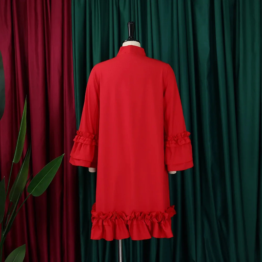 Elegant Office Ladies Dresses Bow Collar Flare Sleeve Ruffles Knee Length Fashion Female Business Work Wear Vestidos Mujer Dress