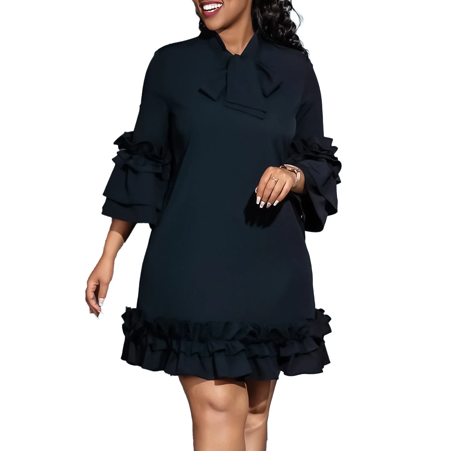 Elegant Office Ladies Dresses Bow Collar Flare Sleeve Ruffles Knee Length Fashion Female Business Work Wear Vestidos Mujer Dress