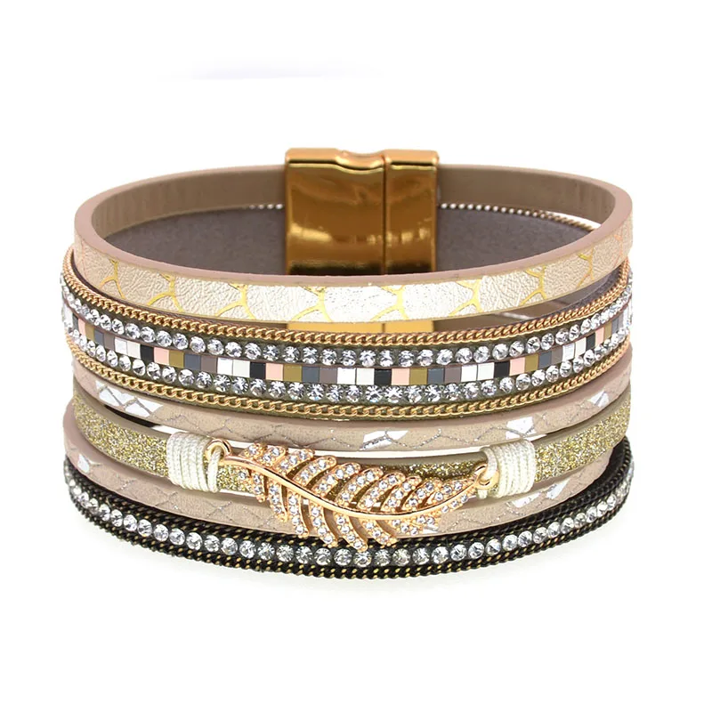 WELLMORE Leather Bracelet for Women Fashion 2024 Boho Wide Wrap Bracelet Feather Jewely Wholesale