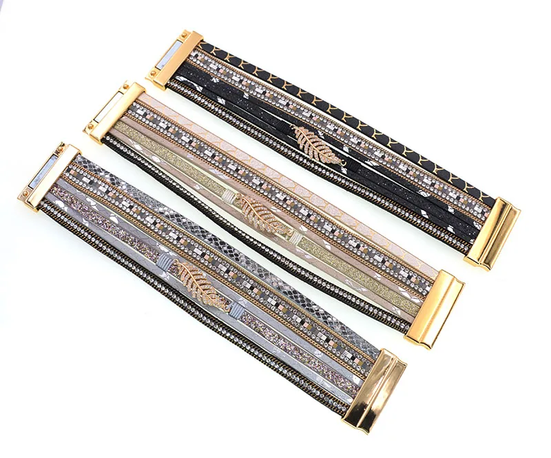 WELLMORE Leather Bracelet for Women Fashion 2024 Boho Wide Wrap Bracelet Feather Jewely Wholesale