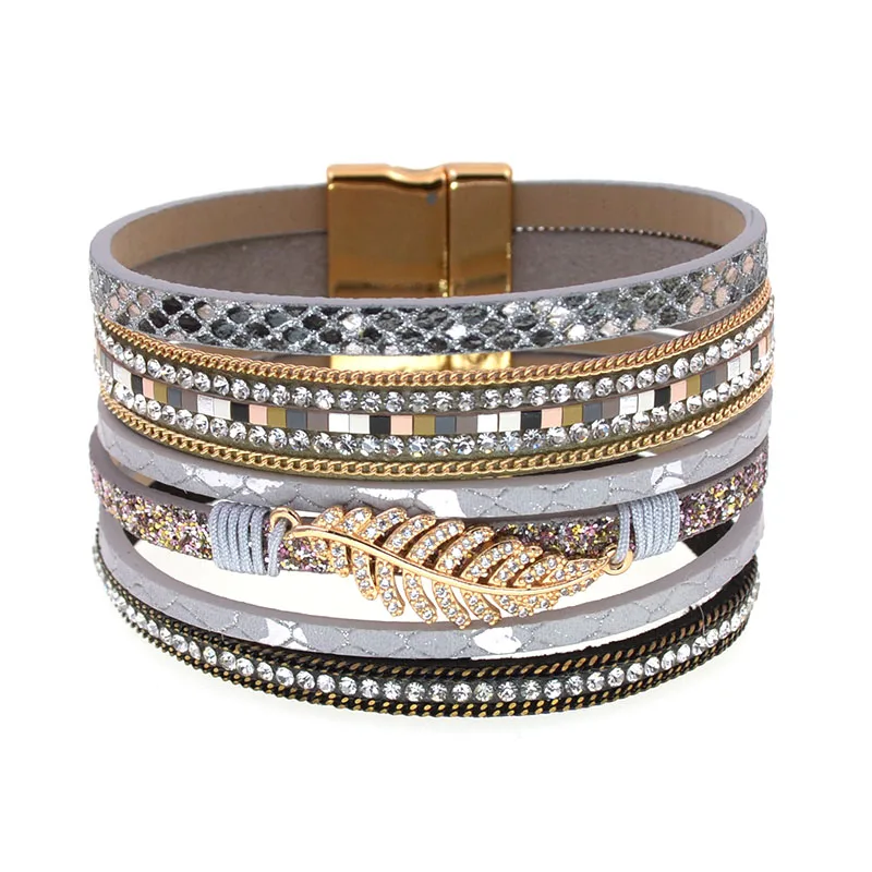 WELLMORE Leather Bracelet for Women Fashion 2024 Boho Wide Wrap Bracelet Feather Jewely Wholesale