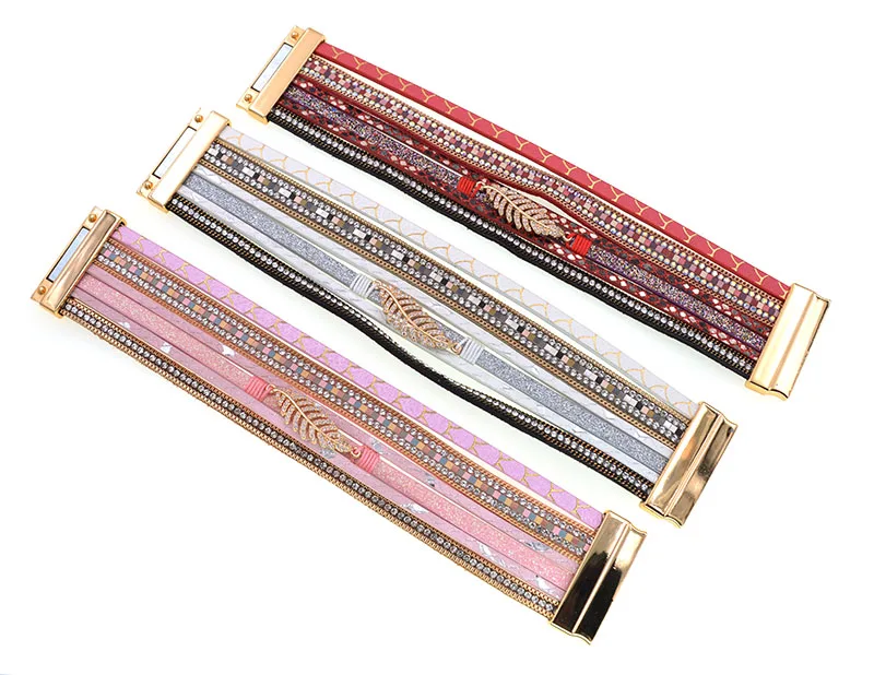 WELLMORE Leather Bracelet for Women Fashion 2024 Boho Wide Wrap Bracelet Feather Jewely Wholesale