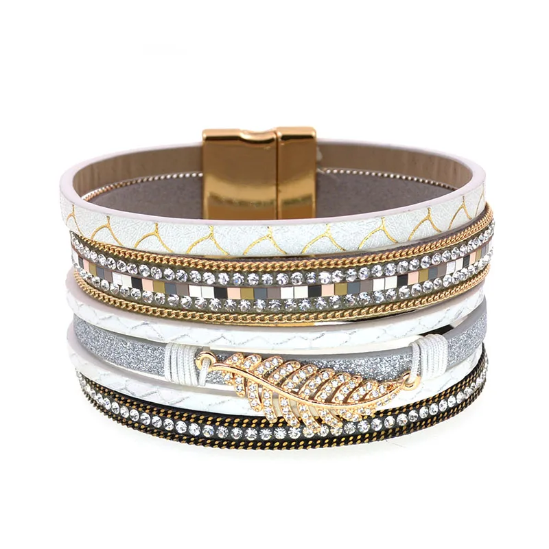 WELLMORE Leather Bracelet for Women Fashion 2024 Boho Wide Wrap Bracelet Feather Jewely Wholesale
