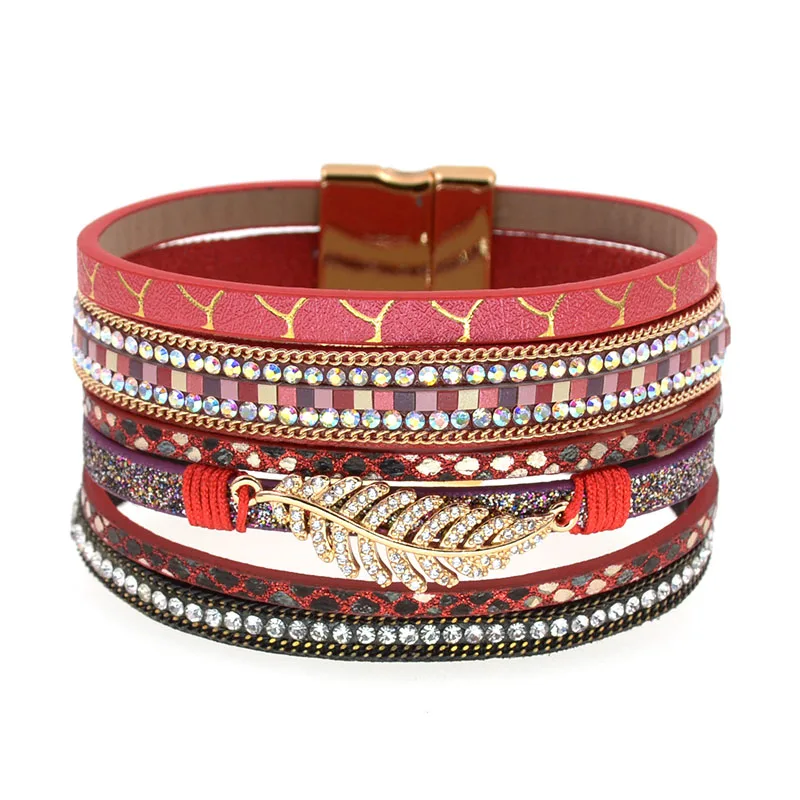 WELLMORE Leather Bracelet for Women Fashion 2024 Boho Wide Wrap Bracelet Feather Jewely Wholesale