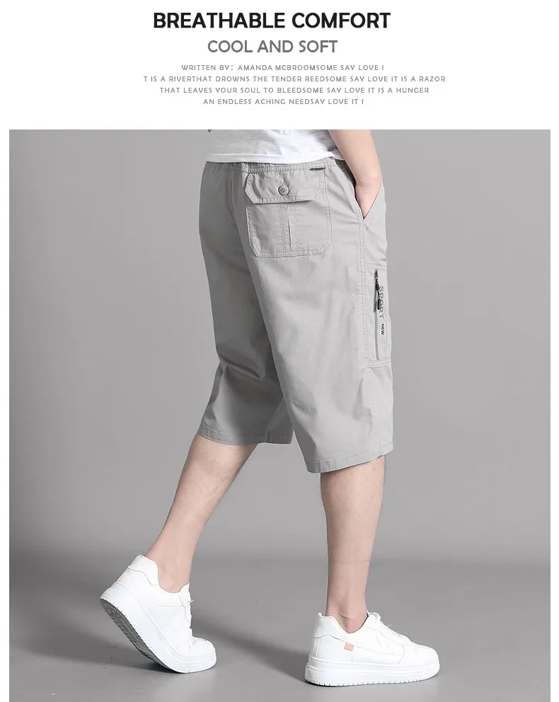 Large Size Cargo Shorts Men's Casual Knee Pants Zipper Pocket Summer Cotton Shorts Running Jogger Shorts Elastic Waist