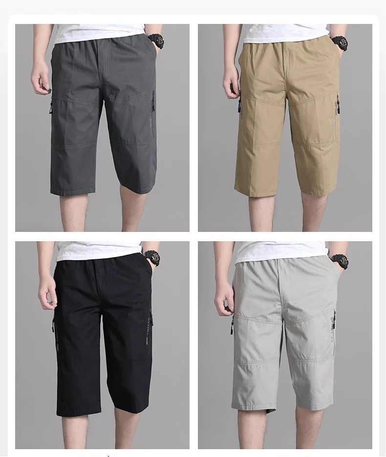 Large Size Cargo Shorts Men's Casual Knee Pants Zipper Pocket Summer Cotton Shorts Running Jogger Shorts Elastic Waist