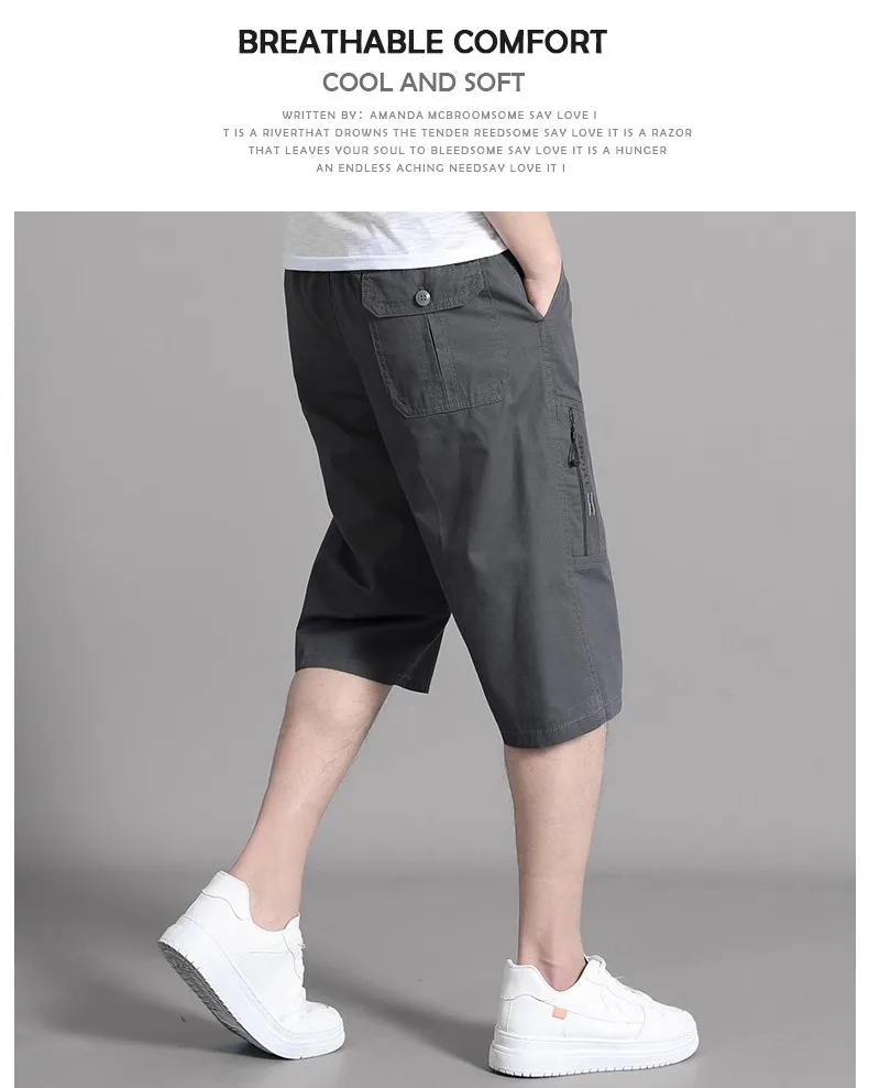 Large Size Cargo Shorts Men's Casual Knee Pants Zipper Pocket Summer Cotton Shorts Running Jogger Shorts Elastic Waist